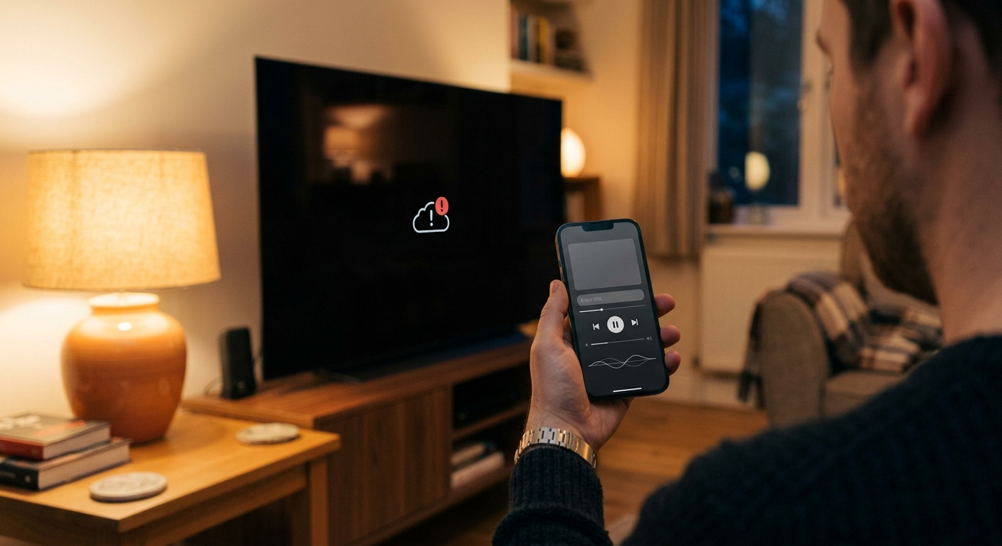 Diagnoza niedziałającego IPTV – sprawdzanie playlisty na telefonie przy telewizorze