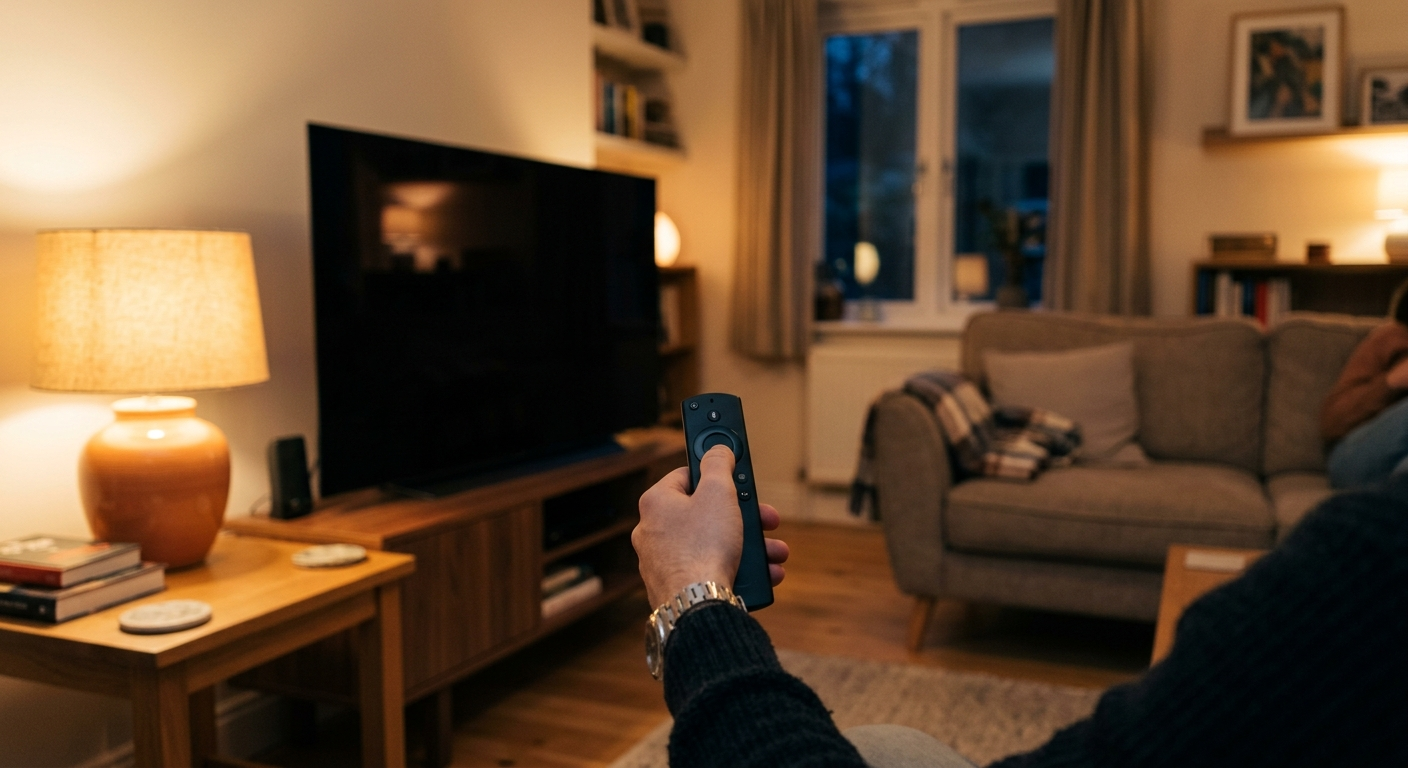 IPTV nie działa – czarny ekran telewizora i pilot w dłoni